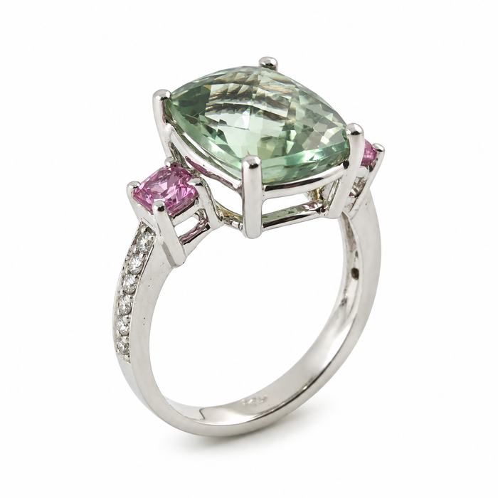 Green amethyst pink sapphire multi stone diamond 14k white gold ring