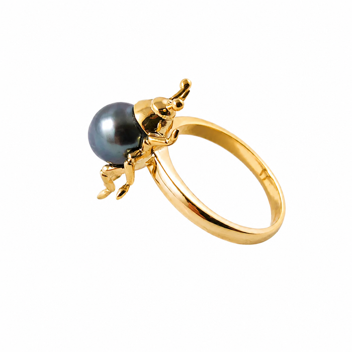 Beetle bug insect Tahitian pearl 14k yellow gold ring