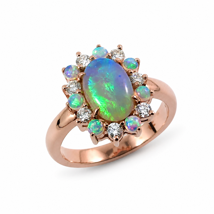 Australian black opal and diamond halo 14k rose gold ring