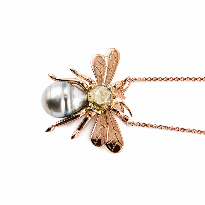 Bee insect Tahitian pearl, yellow rose cut sapphire, 14k rose gold pendant necklace