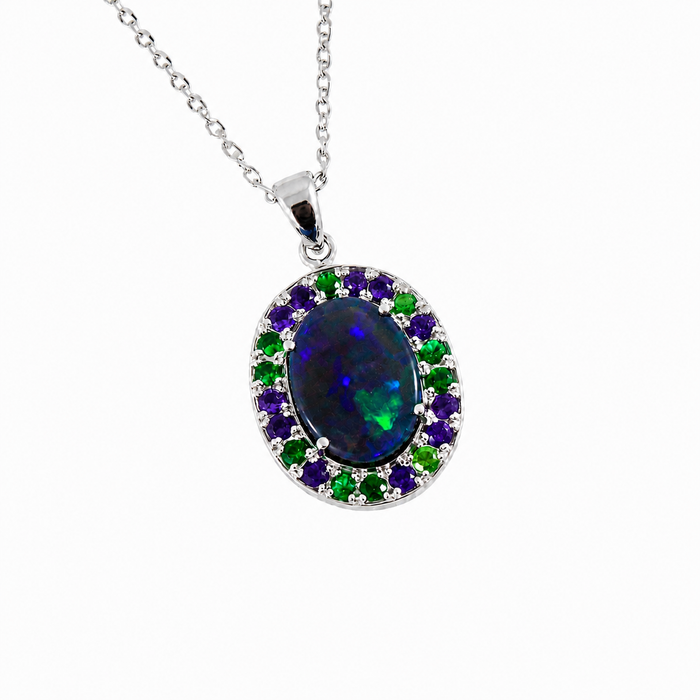 Australian opal Tsavorite garnet and amethyst halo white gold pendant necklace