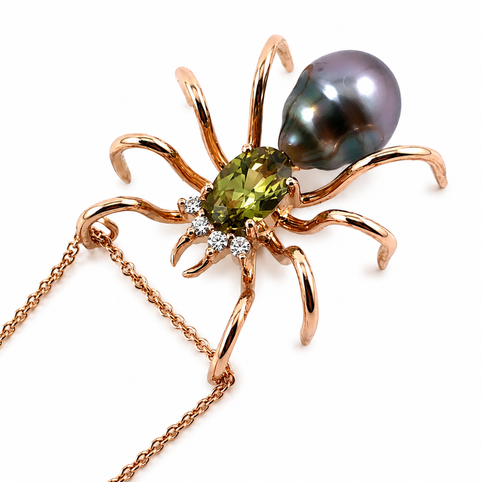 Spider arachnid insect Tahitian pearl Australian parti sapphire 14k rose gold pendant necklace