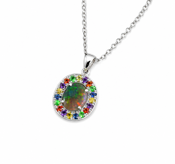 Australian opal fancy sapphires and amethyst halo white gold pendant necklace