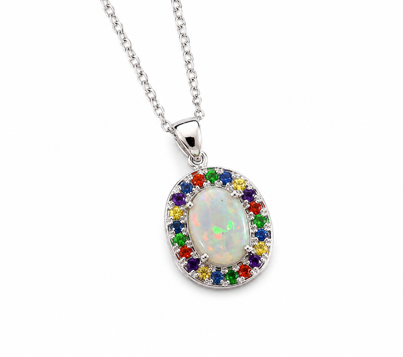 Australian opal fancy sapphires and amethyst halo white gold pendant necklace