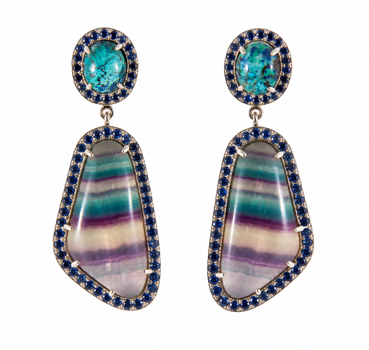 Rainbow fluorite, chrysocolla, blue sapphire halo silver dangle earrings
