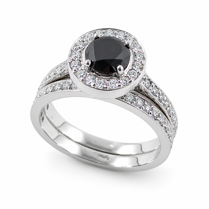 Black diamond round diamond halo 14k white gold wedding ring set