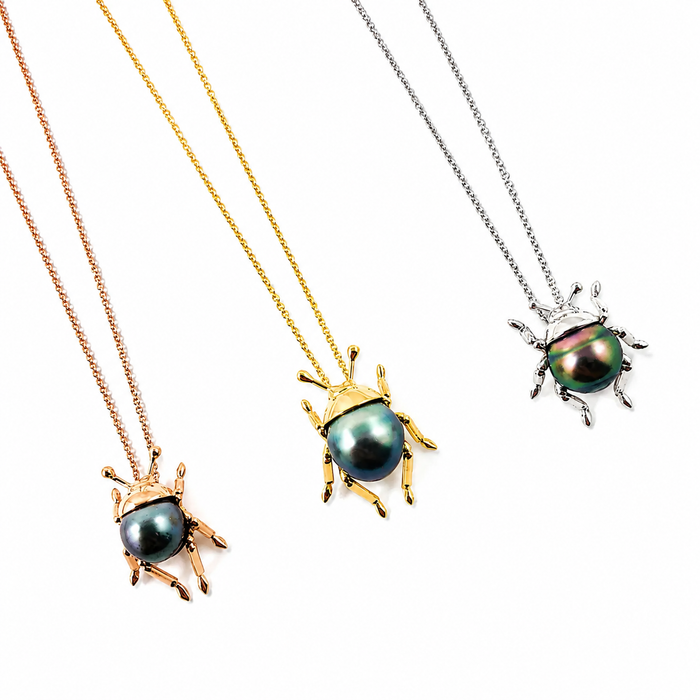 Beetle insect Tahitian pearl, 14k rose gold pendant necklace
