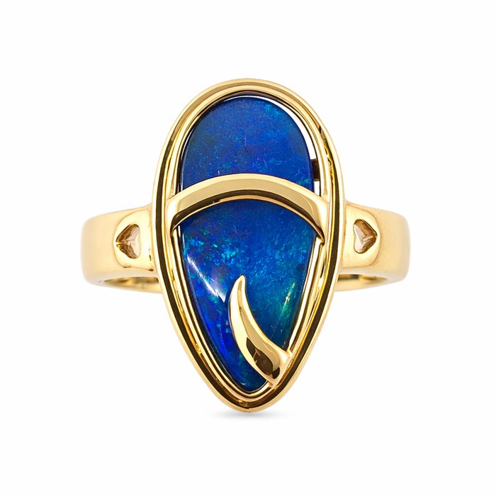 Australian blue Boulder opal organic sprout design solid yellow gold ring Size 11.5 US - Ready to ship or resize