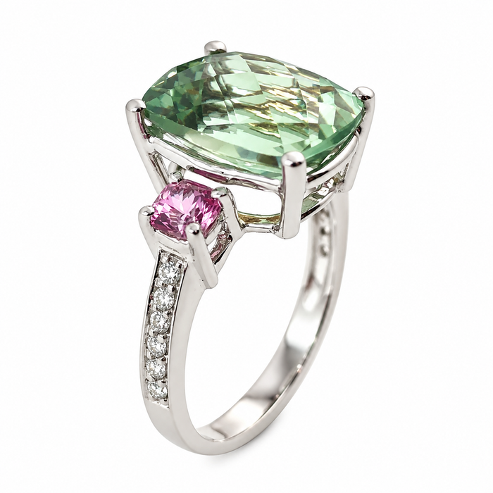 Green amethyst pink sapphire multi stone diamond 14k white gold ring