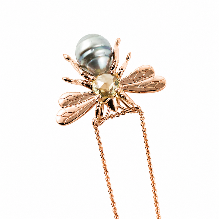 Bee insect Tahitian pearl, yellow rose cut sapphire, 14k rose gold pendant necklace