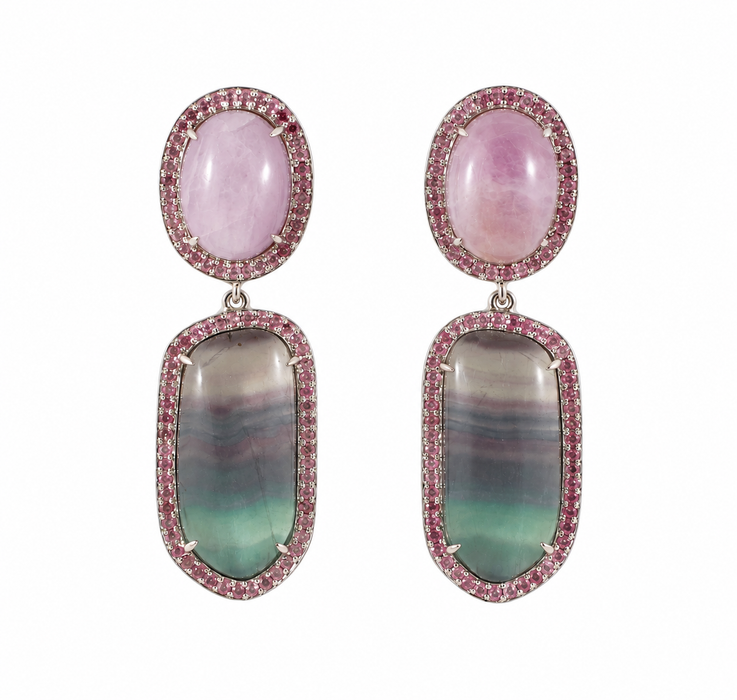 Rainbow fluorite, kunzite, pink sapphire halo silver dangle earrings
