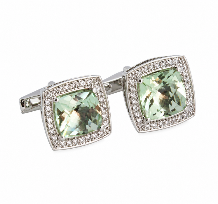 Mint quartz cushion cut and white sapphire silver cufflinks - READY TO SHIP