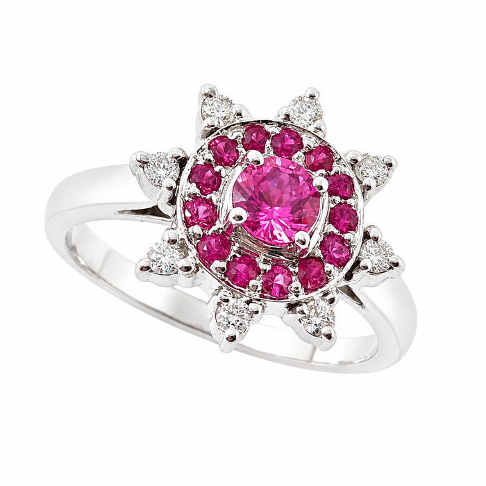 Australian pink sapphire pink ruby diamond 14k white gold flower ring