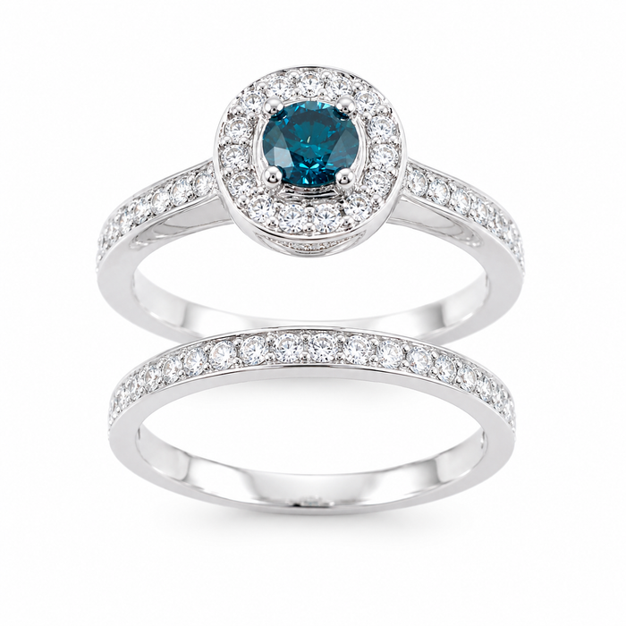 Blue diamond round diamond halo 14k white gold wedding ring set