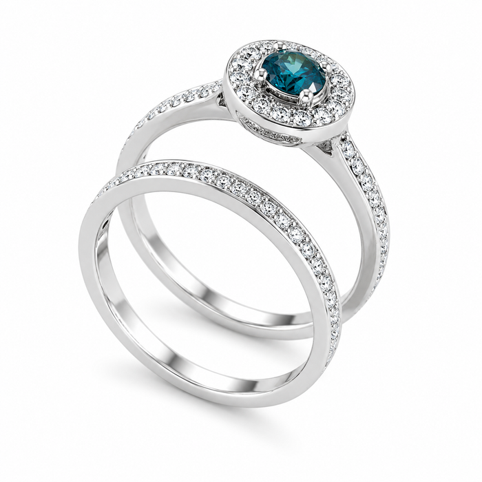 Blue diamond round diamond halo 14k white gold wedding ring set