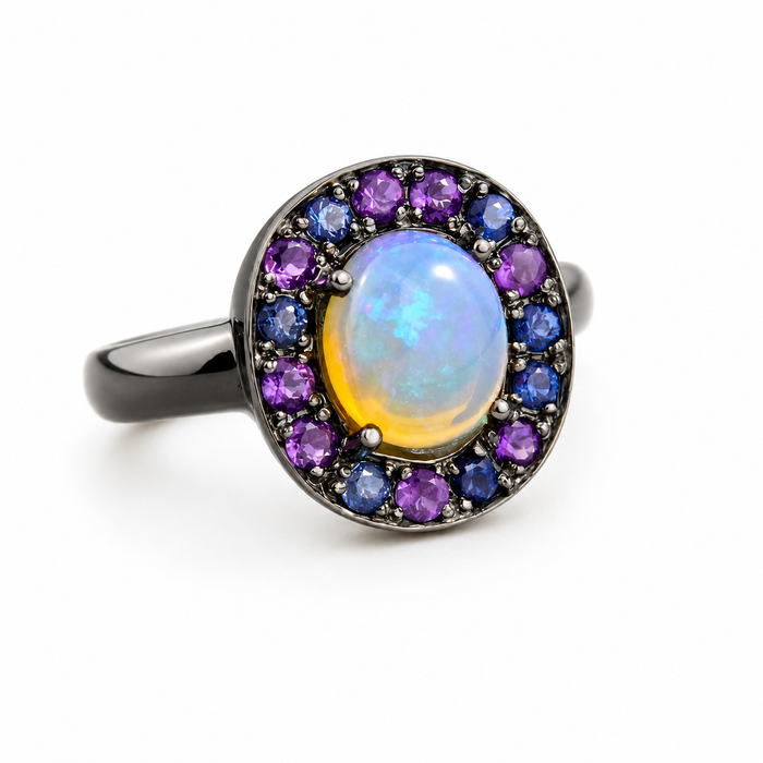 Australian jelly opal with amethyst and blue sapphire halo oxidized black gold ring