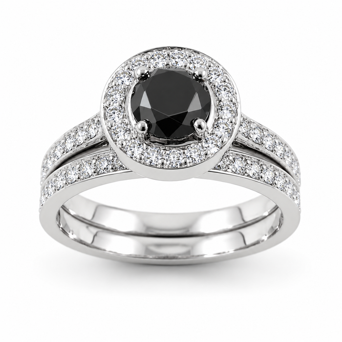 Black diamond round diamond halo 14k white gold wedding ring set