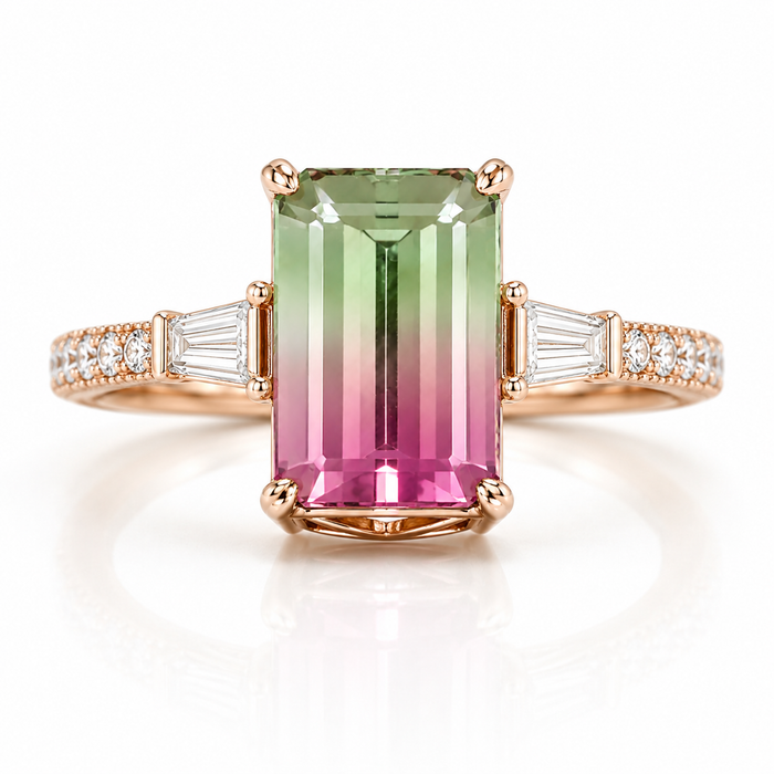 Bi color pink and green tourmaline rectangle emerald cut 3.85 carat loose gemstone