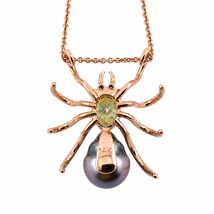 Spider arachnid insect Tahitian pearl Australian parti sapphire 14k rose gold pendant necklace