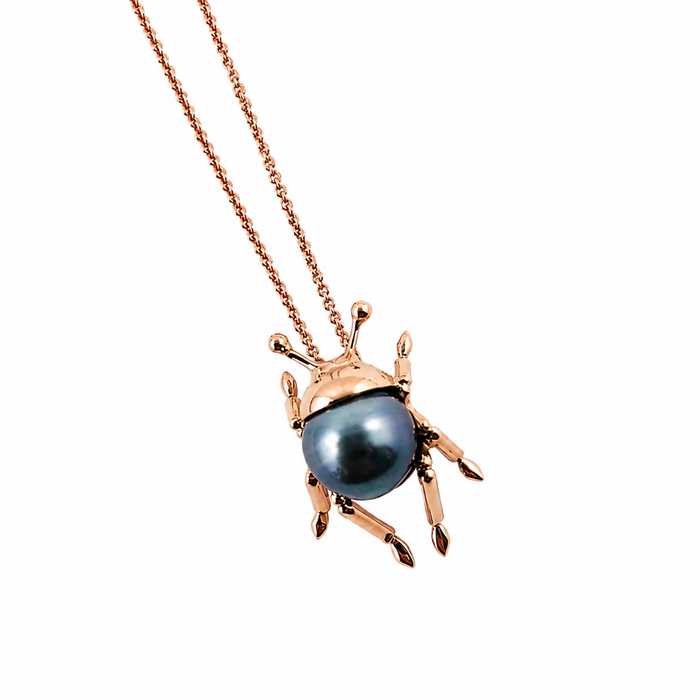 Beetle insect Tahitian pearl, 14k rose gold pendant necklace