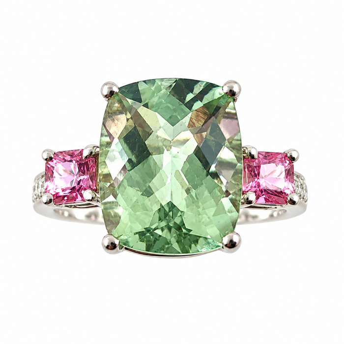 Green amethyst pink sapphire multi stone diamond 14k white gold ring
