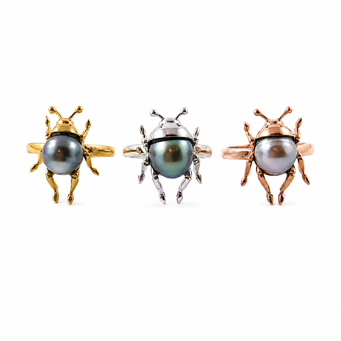 Beetle bug insect Tahitian pearl 14k white gold ring