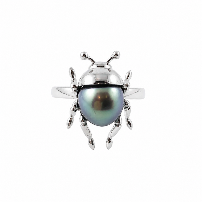 Beetle bug insect Tahitian pearl 14k white gold ring
