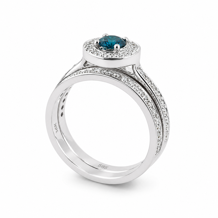 Blue diamond round diamond halo 14k white gold wedding ring set