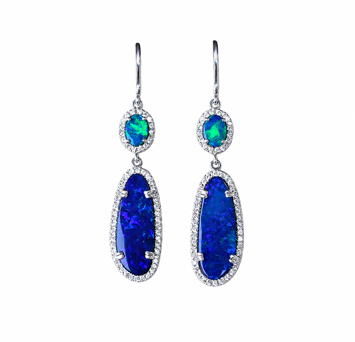 Blue opal diamond halo 925 silver dangle earrings - Ready to ship