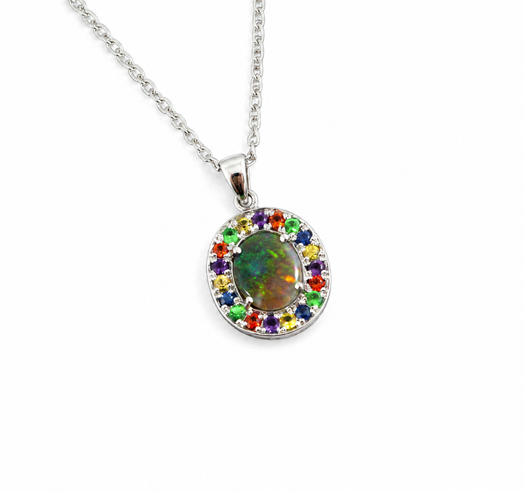 Australian opal fancy sapphires and amethyst halo white gold pendant necklace