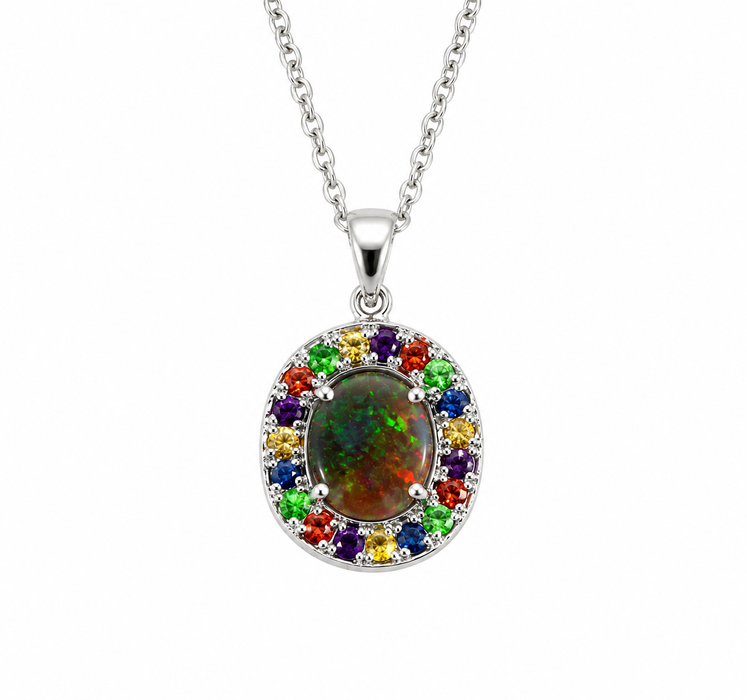 Australian opal fancy sapphires and amethyst halo white gold pendant necklace