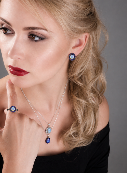 Australian jelly opal with amethyst and blue sapphire halo oxidized black gold ring