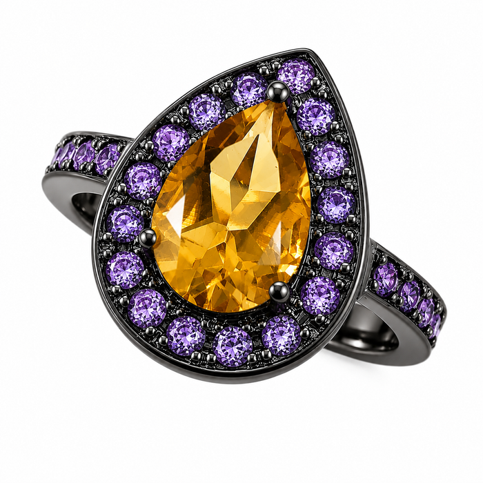 Citrine pear and emerald halo rose gold alternative engagement ring - Customise size, halo gemstones and gold colour
