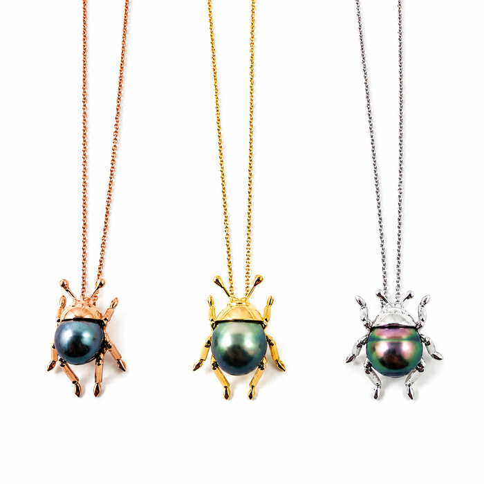 Beetle insect Tahitian pearl, 14k rose gold pendant necklace