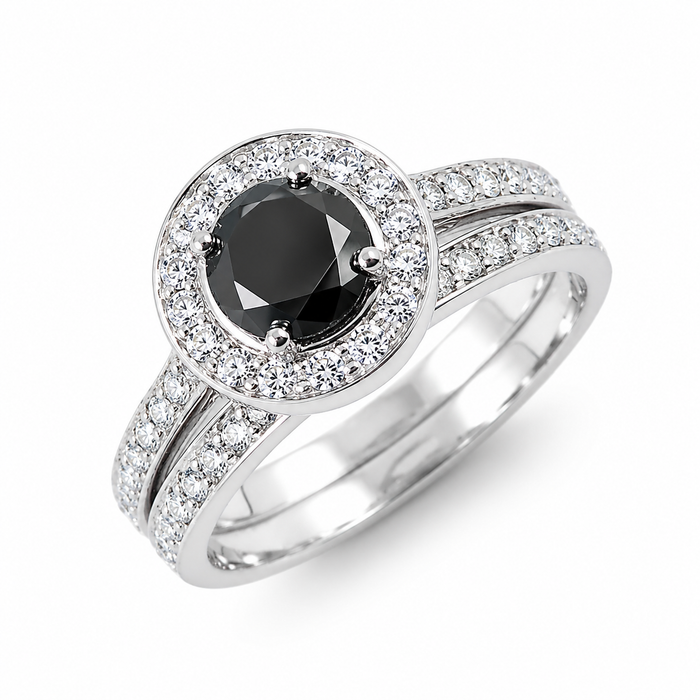 Black diamond round diamond halo 14k white gold wedding ring set