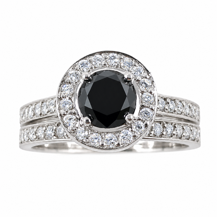 Black diamond round diamond halo 14k white gold wedding ring set