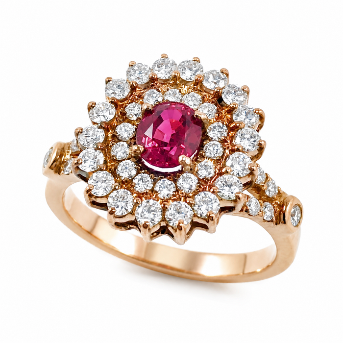 Red spinel oval and diamond rose gold ring