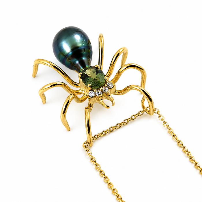 Spider arachnid insect Tahitian pearl Australian parti sapphire 14k yellow gold pendant necklace