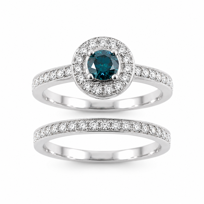 Blue diamond round diamond halo 14k white gold wedding ring set