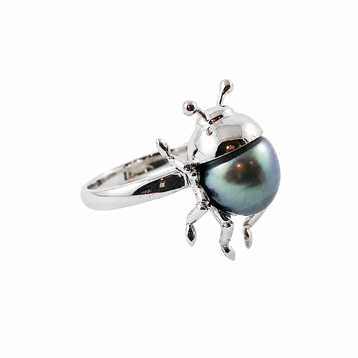 Beetle bug insect Tahitian pearl 14k white gold ring