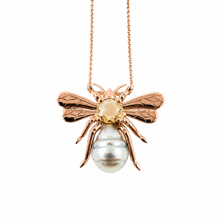 Bee insect Tahitian pearl, yellow rose cut sapphire, 14k rose gold pendant necklace