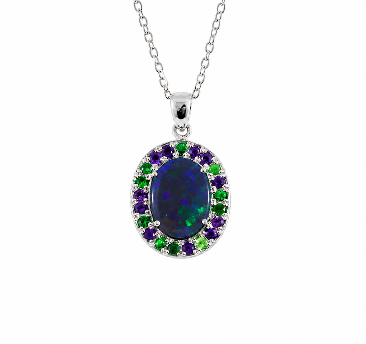 Australian opal Tsavorite garnet and amethyst halo white gold pendant necklace