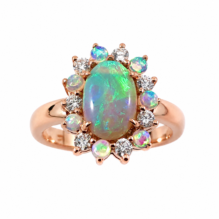 Australian black opal and diamond halo 14k rose gold ring