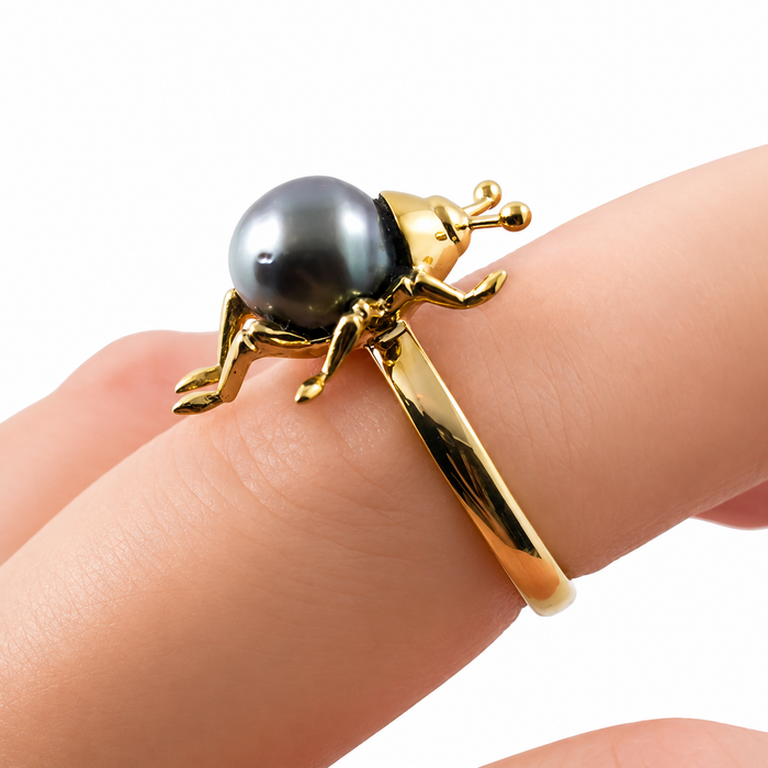 Beetle bug insect Tahitian pearl 14k yellow gold ring