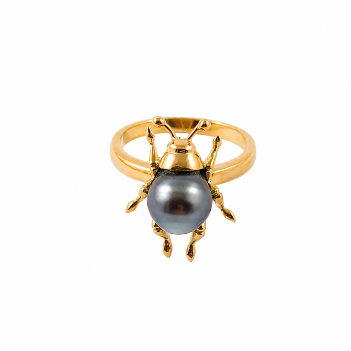 Beetle bug insect Tahitian pearl 14k yellow gold ring