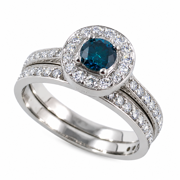 Blue diamond round diamond halo 14k white gold wedding ring set