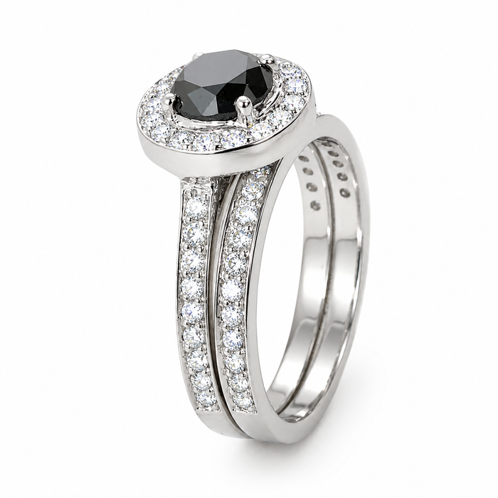 Black diamond round diamond halo 14k white gold wedding ring set