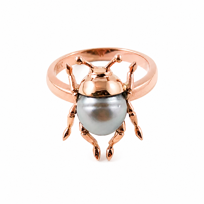 Beetle bug insect Tahitian pearl 14k rose gold ring