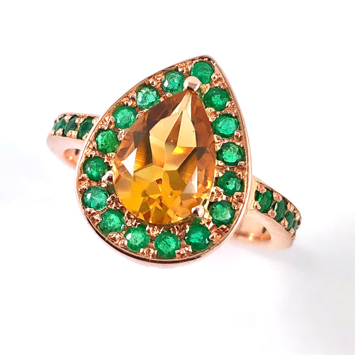 Citrine pear and emerald halo rose gold alternative engagement ring - Customise size, halo gemstones and gold colour