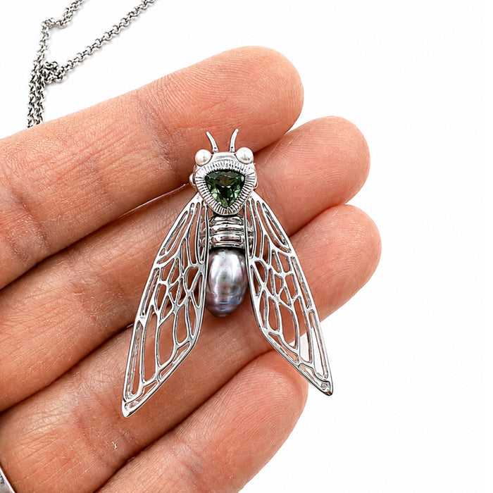 Cicada insect Tahitian pearl Australian green trillion cut sapphire rhodium plated silver pendant necklace